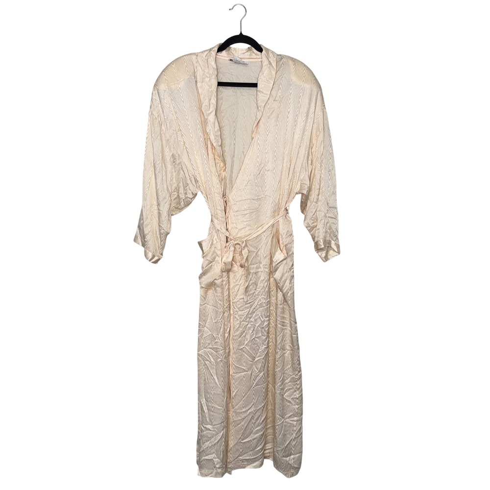 Saks Fifth Avenue Silk Robe Womens L Champagne Excellent Jacquard Chevron Wrap